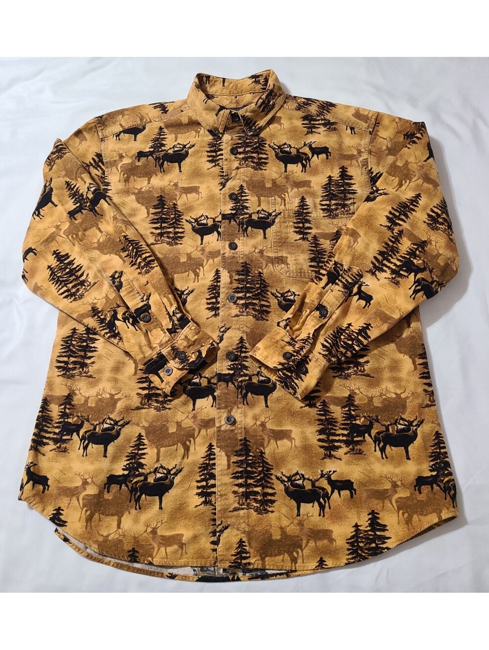 Woolrich Chamois Flannel Shirt Mens Sz Large Brown Elk Deer Pinetree Hunting AOP